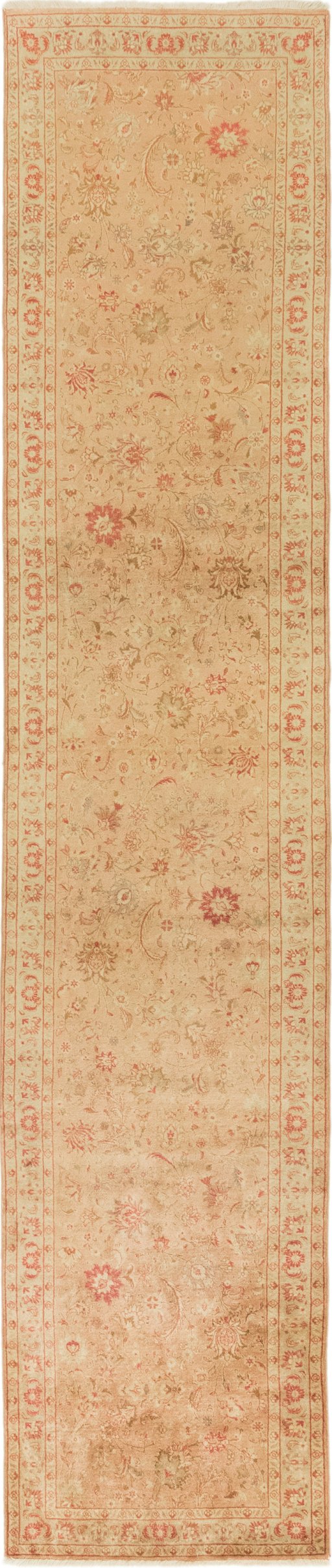 Full view of 1950s Tabriz rug from Iran / Persia, 432 × 89 cm in Pink tones