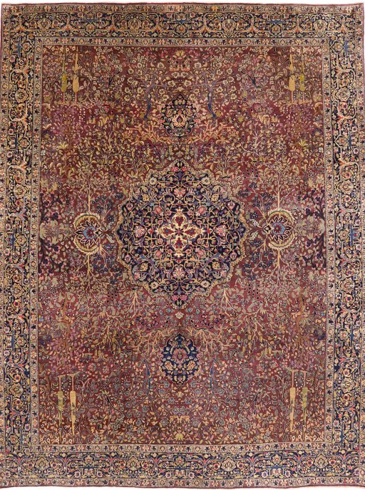 Full view of 1930s Tabriz rug from Iran / Persia, 406 × 318 cm in Dark red tones