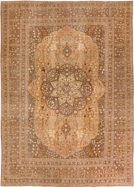 Full view of 1900s Tabriz rug from Iran / Persia, 427 × 295 cm in Brown tones