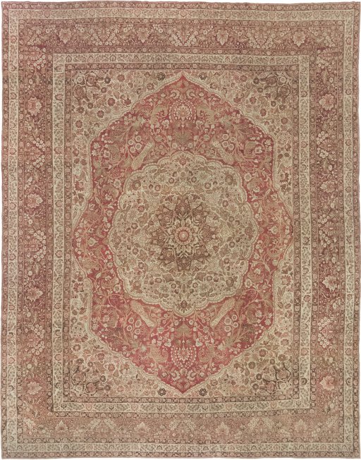Full view of 1900s Tabriz rug from Iran / Persia, 424 × 328 cm in Red tones