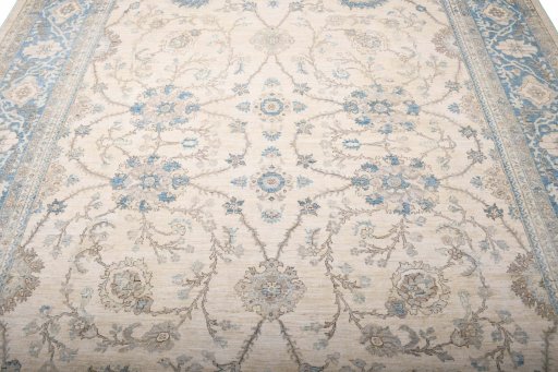 Full view of New Tabriz rug from Pakistan, 383 × 276 cm in Beige tones
