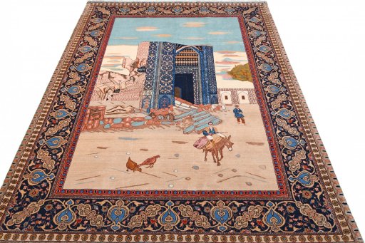 Surface texture of 1930s Tabriz rug with natural Wool and intricate pattern