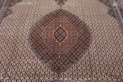 Corner detail of New Tabriz rug showing border pattern and Wool pile