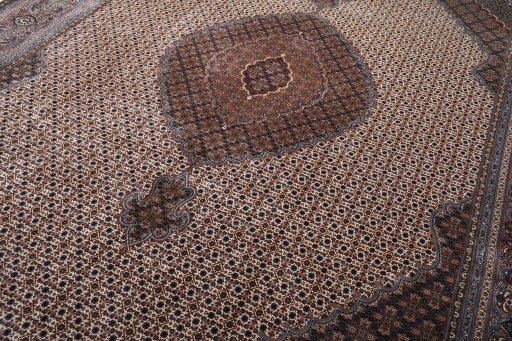 Full view of New Tabriz rug from Iran / Persia, 342 × 249 cm in Beige tones
