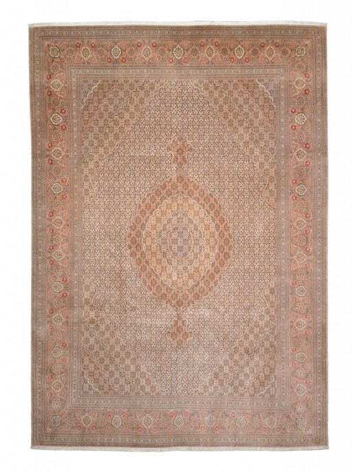 Full view of New Tabriz rug from Iran / Persia, 355 × 252 cm in Beige tones