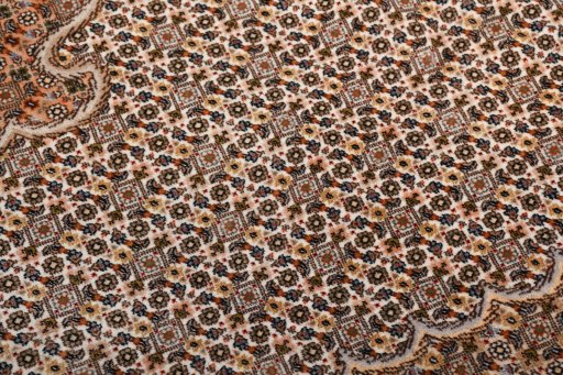 Full view of New Tabriz rug from Iran / Persia, 355 × 252 cm in Beige tones