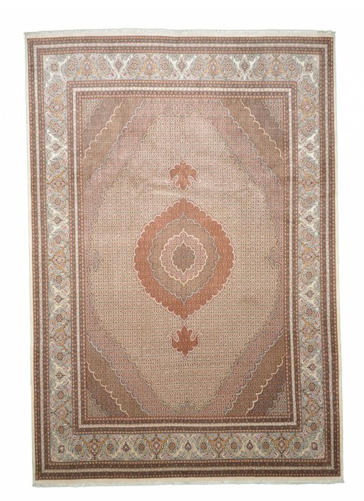 Full view of New Tabriz rug from Iran / Persia, 359 × 249 cm in Beige tones