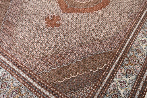 Full view of New Tabriz rug from Iran / Persia, 359 × 249 cm in Beige tones