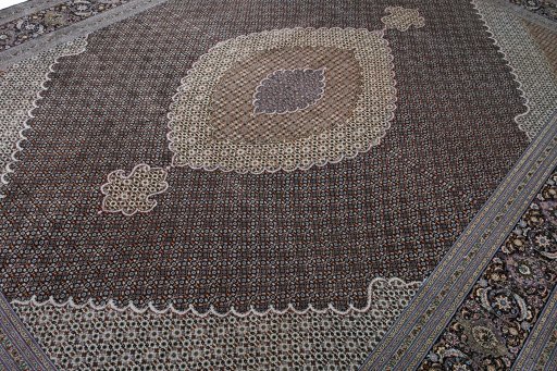 Full view of New Tabriz rug from Iran / Persia, 395 × 303 cm in Gray tones