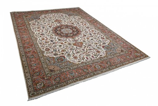 Corner detail of New Tabriz rug showing border pattern and Cork pile
