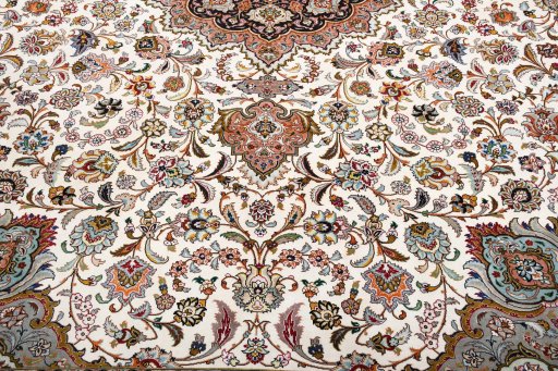 Backside of handmade New Tabriz rug showing knot structure and weave density