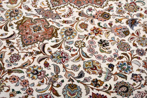 Full view of New Tabriz rug from Iran / Persia, 340 × 250 cm in Beige tones