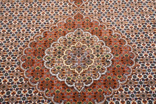 Full view of New Tabriz rug from Iran / Persia, 205 × 148 cm in Beige tones