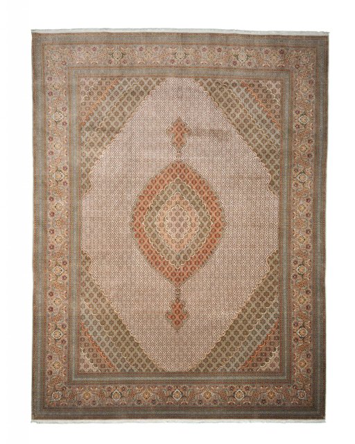 Full view of New Tabriz rug from Iran / Persia, 394 × 300 cm in Beige tones