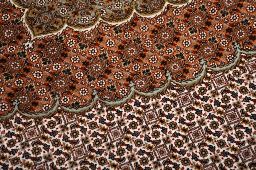 Full view of New Tabriz rug from Iran / Persia, 394 × 300 cm in Beige tones
