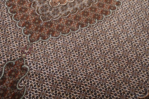 Corner detail of New Tabriz rug showing border pattern and Cork pile