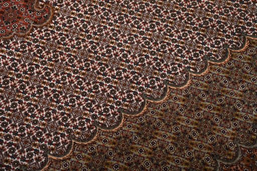 Full view of New Tabriz rug from Iran / Persia, 347 × 250 cm in Beige tones
