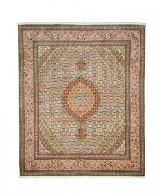 Full view of New Tabriz rug from Iran / Persia, 302 × 250 cm in Beige tones