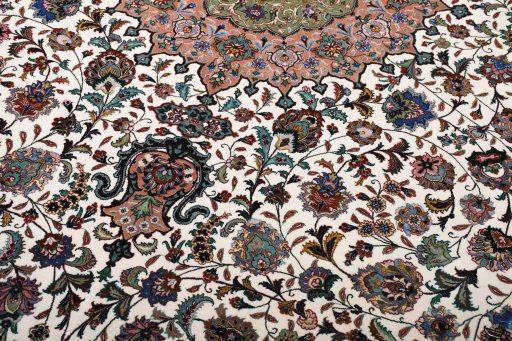 Corner detail of New Tabriz rug showing border pattern and Cork pile