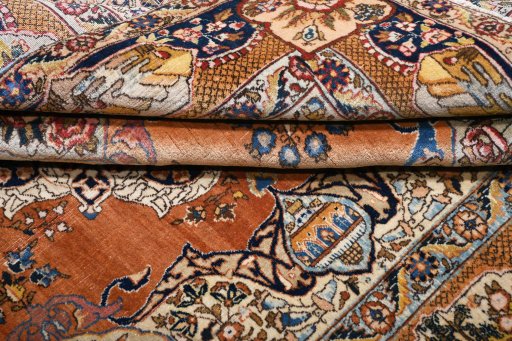 Corner detail of 1930s Tabriz rug showing border pattern and Wool pile