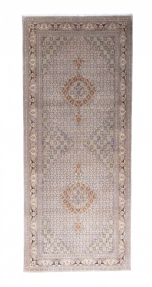 Full view of Unknown Tabriz rug from Iran / Persia, 337 × 143 cm in Beige tones