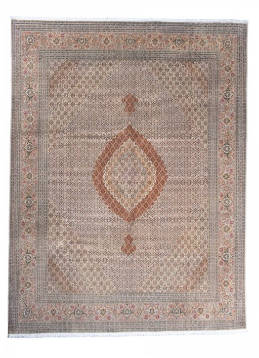 Full view of 2000s Tabriz rug from Iran / Persia, 404 × 306 cm in Beige tones