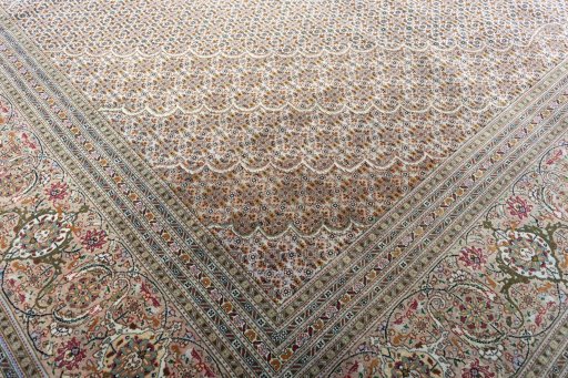 Full view of 2000s Tabriz rug from Iran / Persia, 404 × 306 cm in Beige tones