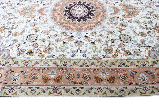 Full view of New Tabriz rug from Iran / Persia, 305 × 200 cm in Beige tones