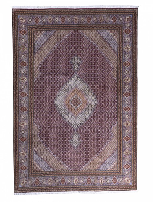 Full view of New Tabriz rug from Iran / Persia, 296 × 202 cm in Red tones