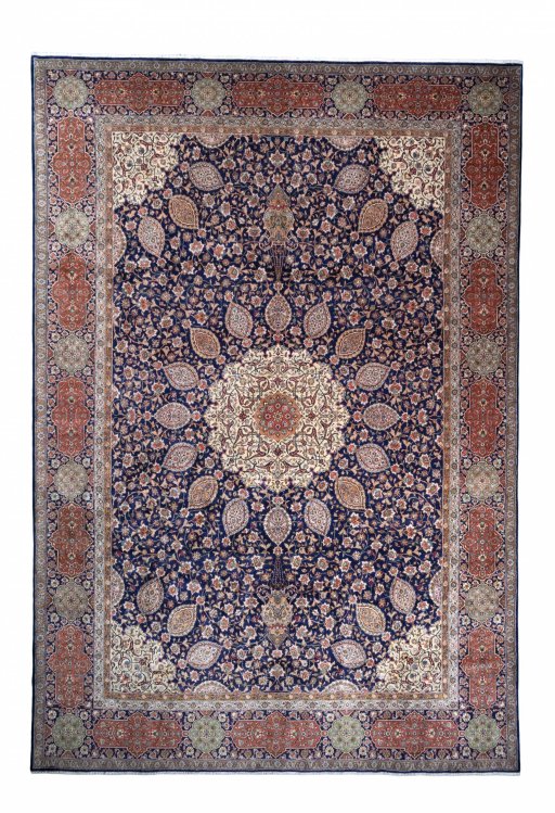 Full view of 1970s Tabriz rug from Iran / Persia, 508 × 347 cm in Blue tones
