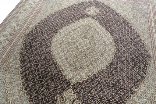 Backside of handmade New Tabriz rug showing knot structure and weave density