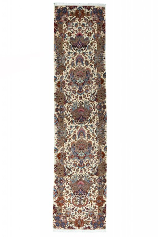 Full view of New Tabriz rug from Iran / Persia, 320 × 75 cm in Beige tones