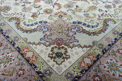 Full view of New Tabriz rug from Iran / Persia, 370 × 251 cm in Beige tones