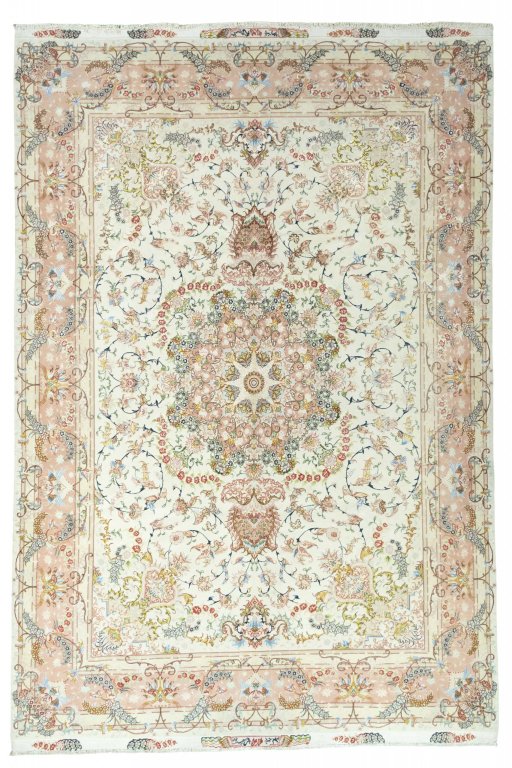 Full view of New Tabriz rug from Iran / Persia, 370 × 245 cm in Beige tones