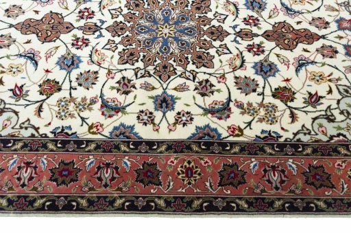 Corner detail of New Tabriz rug showing border pattern and Cork pile