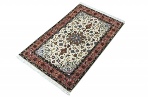 Corner detail of New Tabriz rug showing border pattern and Cork pile