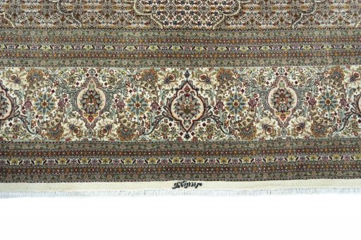 Full view of New Tabriz rug from Iran / Persia, 350 × 248 cm in Beige tones