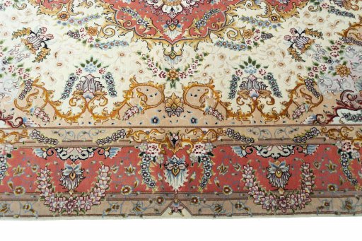 Corner detail of New Tabriz rug showing border pattern and Cork pile