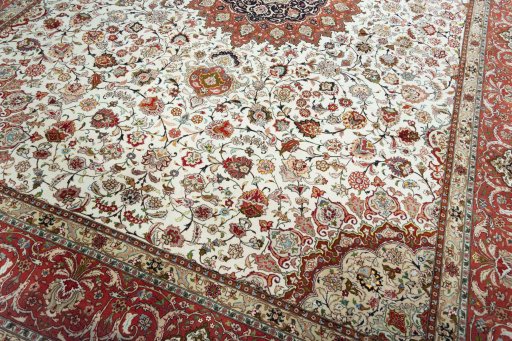 Full view of New Tabriz rug from Iran / Persia, 407 × 296 cm in Beige tones