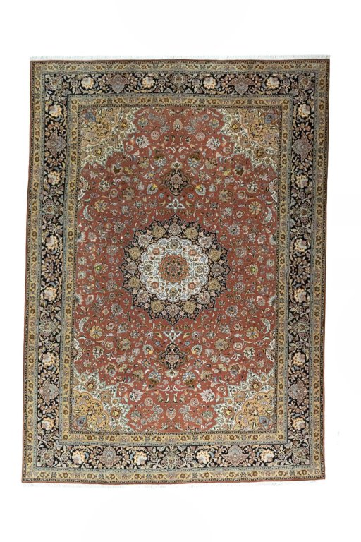 Full view of New Tabriz rug from Iran / Persia, 357 × 253 cm in Red tones