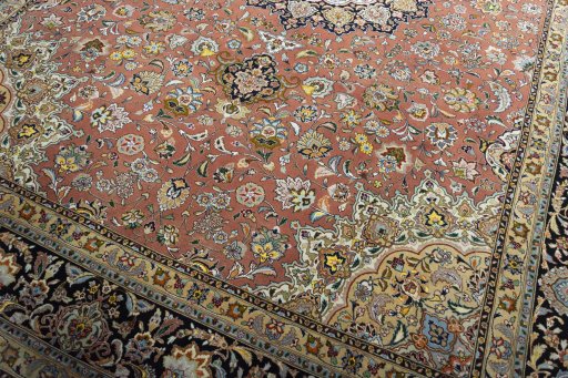 Full view of New Tabriz rug from Iran / Persia, 357 × 253 cm in Red tones