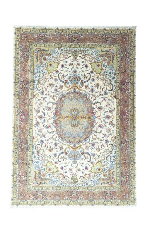 Full view of New Tabriz rug from Iran / Persia, 352 × 244 cm in Beige tones