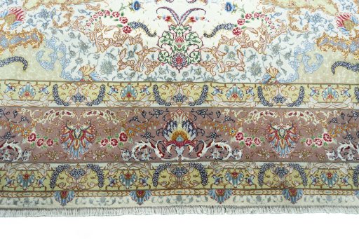 Full view of New Tabriz rug from Iran / Persia, 352 × 244 cm in Beige tones
