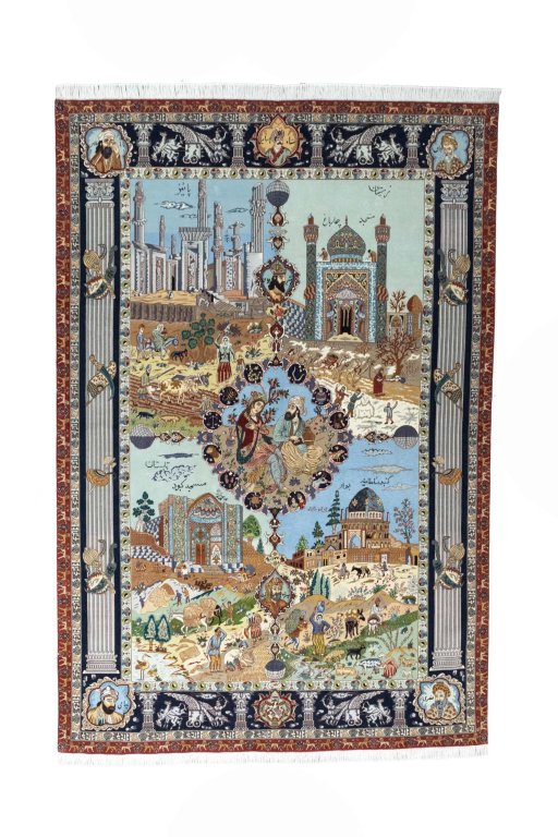 Full view of New Tabriz rug from Iran / Persia, 293 × 196 cm in Multi Color tones