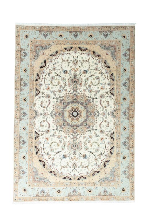 Full view of New Tabriz rug from Iran / Persia, 294 × 203 cm in Beige tones