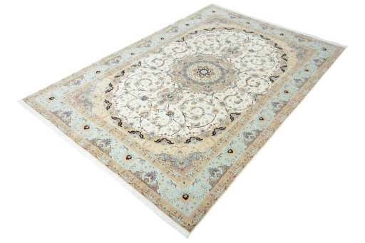 Corner detail of New Tabriz rug showing border pattern and Cork pile
