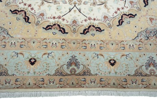 Full view of New Tabriz rug from Iran / Persia, 294 × 203 cm in Beige tones