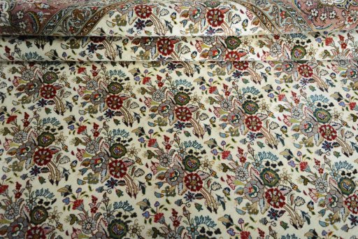 Full view of New Tabriz rug from Iran / Persia, 248 × 253 cm in Beige tones