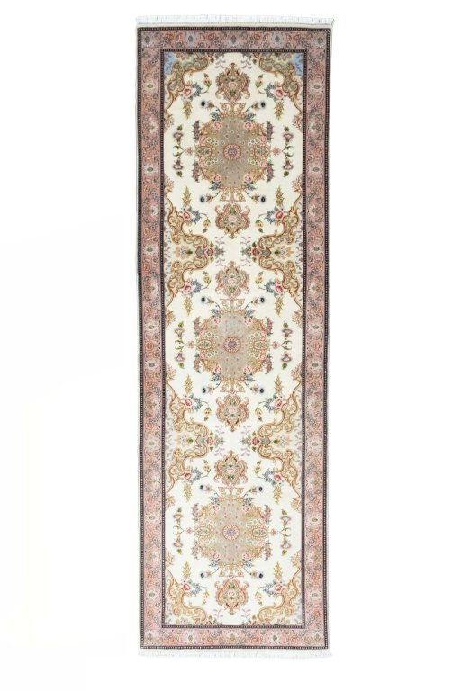 Full view of New Tabriz rug from Iran / Persia, 296 × 90 cm in Beige tones