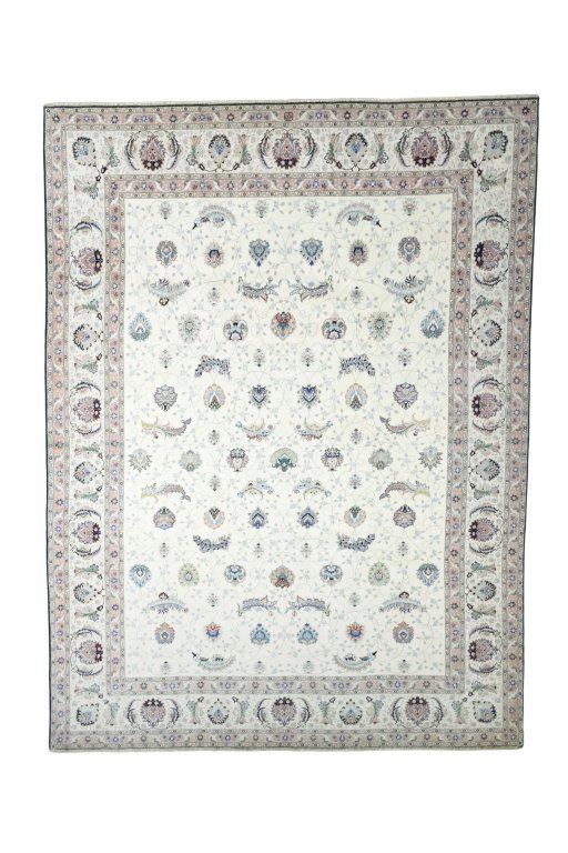 Full view of New Tabriz rug from Iran / Persia, 395 × 298 cm in Beige tones
